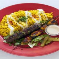 Combination Kabob (2 Skewers) · Your choice of chicken, kafta and lamb (choose two) served over basmati rice. Gluten free.
