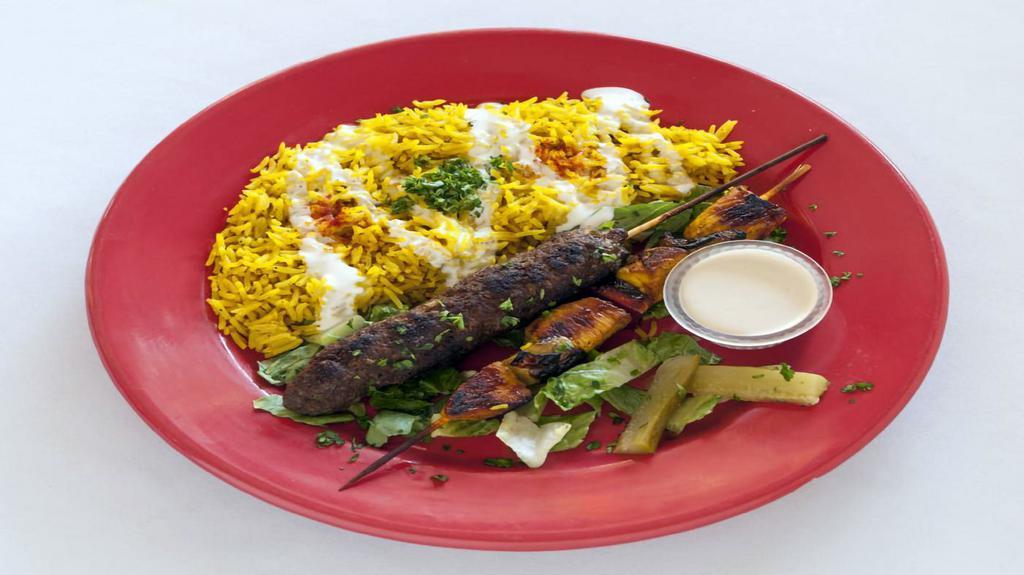 Combination Kabob (2 Skewers) · Your choice of chicken, kafta and lamb (choose two) served over basmati rice. Gluten free.