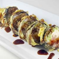 Vegas Roll · No half roll. Inside: tuna, salmon, yellowtail, crab, avocado, eel sauce on top. Includes ra...
