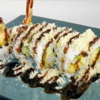 Crunch Roll · In: cucumber, avocado, shrimp tempura. Top: crunch with eel sauce.