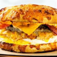 Peace, Love & Breakfast · A fresh-baked 6-cheese artisan roll loaded with two cage free eggs, thick-cut bacon, turkey ...