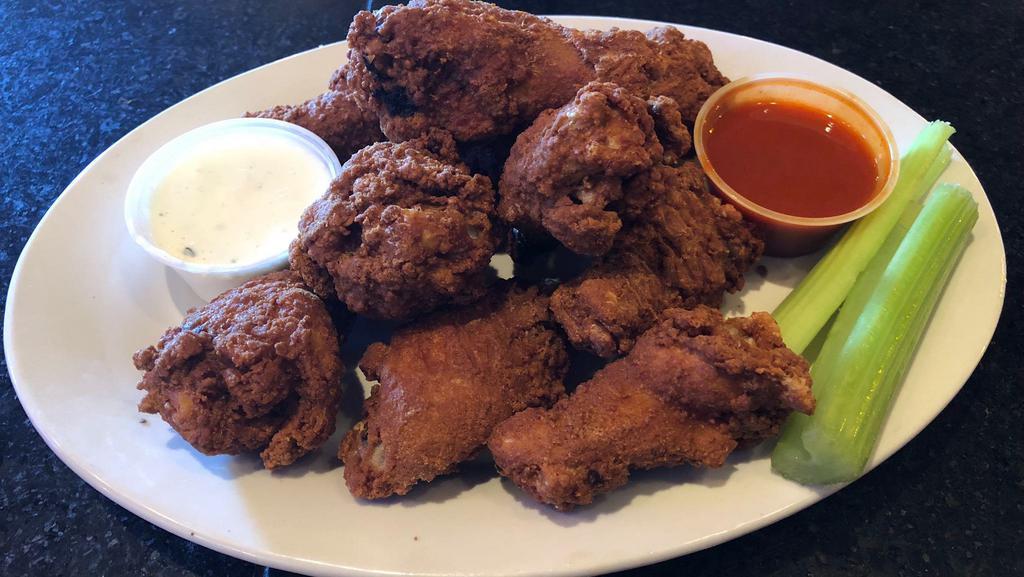 10 Buffalo Wings  · Breaded wings with bleu cheese dressing, frank's red hot sauce and celery sticks.