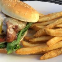 Fire-Pit Burger · Flame broiled burger with applewood sliced bacon, grilled jalapeños, chipotle ranch, pepper ...