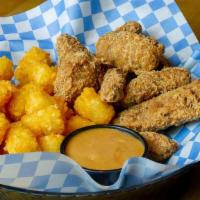Finger Steaks · House-breaded steak strips, bbq bleu cheese, dipping sauce. fries, chips, or tots on the side.