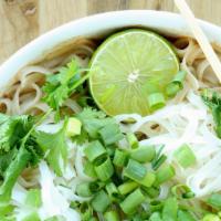 Thai Pho · Beef Broth Noodle Soup with onions, cilantro, lime, and your choice of meat