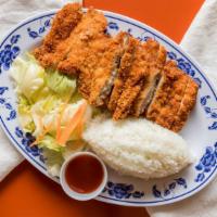 Chicken Katsu · Chicken cutlet, battered with breadcrumbs, and deep fried. Served with a side of rice.
