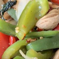 Pad Kra Pao (Basil) · Stir-Fried garlic, onion, bell pepper, mushroom green bean, zucchini, and Thai basil.