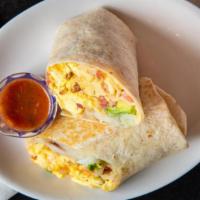 Breakfast Burrito!  · Scambled eggs,  potatoes, cheddar cheese, bacon (or not),  pico de gallo.