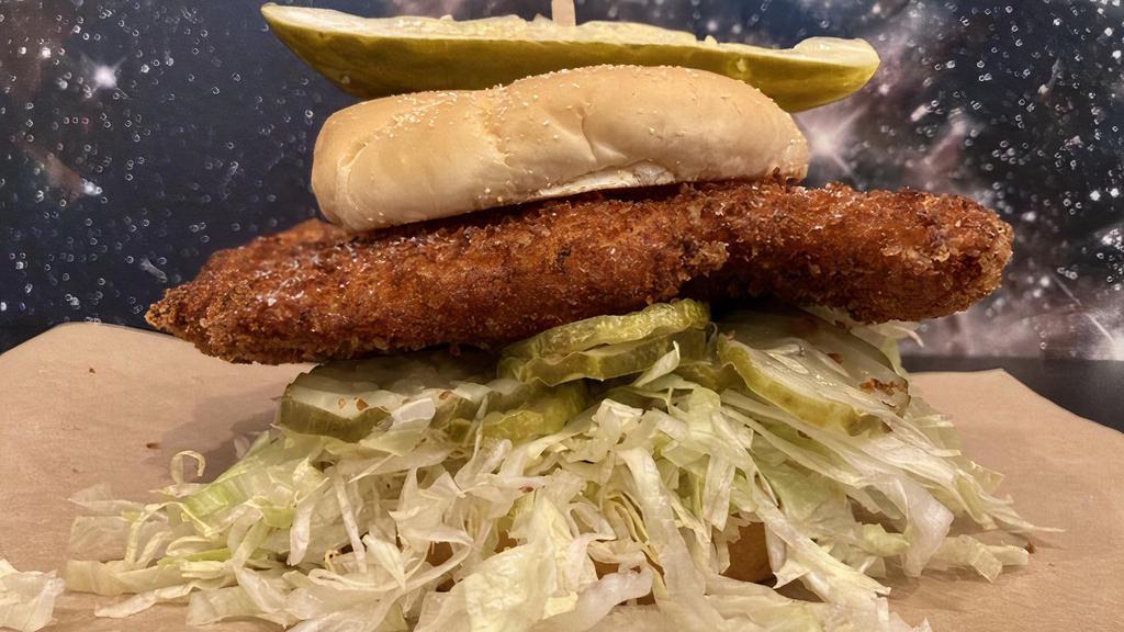 Crispiest Chicken Sandwich · Chicken breast fried crispy in our secret breading blend. Served on a Kaiser roll with lettuce, pickles and mayonnaise. Lots of fries on the side!
