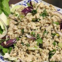 Larb · Ground meats, seasoned and flavored with roasted ground sticky rice, lime juice, cilantro, o...