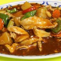 Sweet And Sour Chicken · Sautéed chicken with pineapple, onions, cucumber, tomatoes, carrots, bell peppers in sweet a...