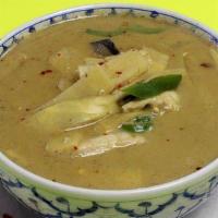 Green Curry · Choice of meat cooked with green curry, coconut milk, sliced bamboo shoots, eggplants, bell ...