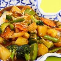Sweet & Sour Vegetables · Sautéed cucumbers, tomatoes, broccoli, carrots, pineapple, onions and bell peppers with swee...