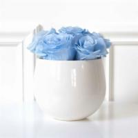 Petite Sonoma Rose Arrangement With Blue Roses · Sonoma includes the most beautiful Premium Preserved Roses, hand-crafted in a creamy white c...