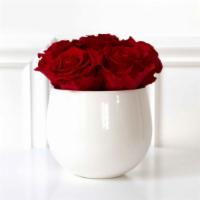 Petite Sonoma Rose Arrangement With Red Roses · Sonoma includes the most beautiful Premium Preserved Roses, hand-crafted in a creamy white c...