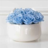 Sonoma Rose Arrangement With Blue Roses · Sonoma includes the most beautiful Premium Preserved Roses, hand-crafted in a creamy white c...