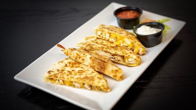 Chicken Quesadilla · Grilled chicken breast, blended cheddar-jack cheese with salsa and sour cream.