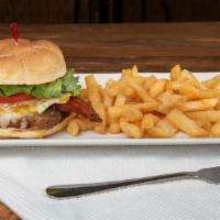 Gutter Ball Burger · Char-grilled angus steak burger, cheddar cheese, applewood smoked bacon, lettuce, tomato and...