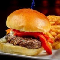 Black & Blue Burger · Char-grilled angus steak burger, caramelized onions, roasted red pepper, crumbled blue chees...
