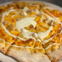 Buffalo Chicken · Buffalo chicken dip, tender chicken cutlet, blue cheese crumbles, cheddar finished with ranch