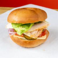 (Lunch) Bagel Sandwich · Bagel with cheese, lettuce, tomatoes, pickles, onions, mayonnaise, mustard, ranch and your c...