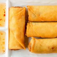 4 Piece Fried Veggie Egg Rolls · Hand wrapped egg rolls with vegetables and bean thread noodles.