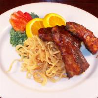 Ribs · Three sliced. St. Louis style BBQ ribs, served with choice of side.