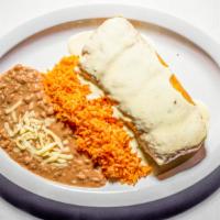 Chimichanga · Deep-fried flour tortilla, filled with steak strips or chicken, and topped with white cheese...