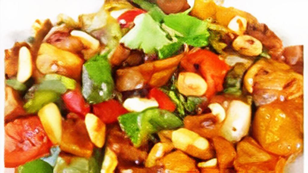 Kung Pao Chick Less · Spicy. Chick less protein, yellow onions, red and green bell peppers, broccoli, peanuts, pineapple sautéed in our homemade savory sauces.