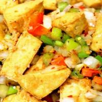 Tofu Deluxe · Spicy, gluten free. Crispy non-GMO tofu stir fried with bell pepper, onion, and homemade spi...