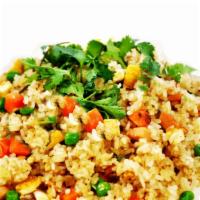 Blissful Fried Rice · White rice, vegan ham, crispy protein bits, tofu, peas and carrots, onions, cilantro, our ho...