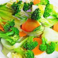 Steam Veggies · Broccoli, carrots, bok choy, Napa cabbage, cabbage.