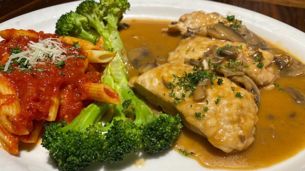 Chicken Marsala · Chicken breast sautéed in a marsala wine sauce with sliced mushrooms served with pasta marinara and broccoli.your choice of soup or salad and garlic bread.