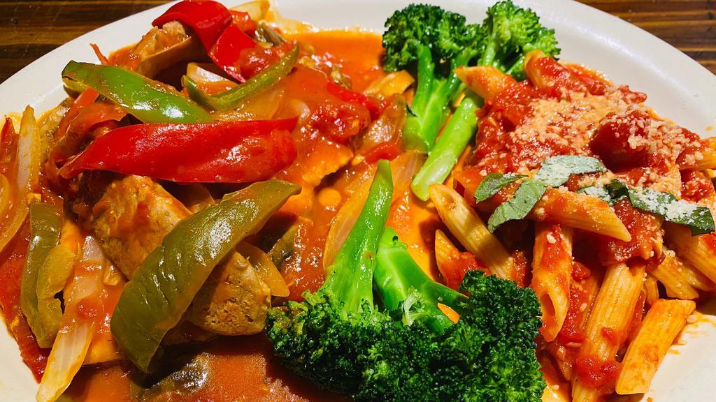 Chicken & Sausage Cacciatora · Breast and chicken and house-made sausage braised with white wine, onions, mushrooms, green and red peppers and marinara sauce served with a side of penne marinara and broccoli. Your choice of soup or salad and garlic bread.