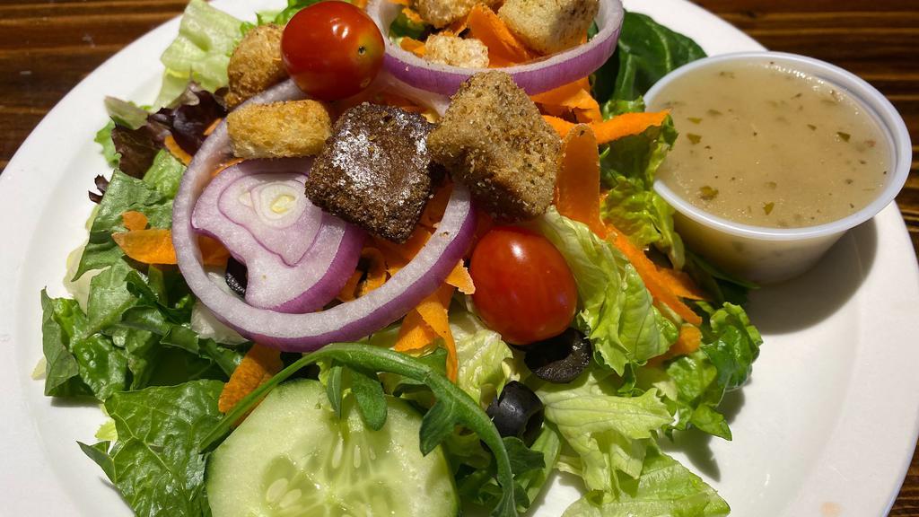 Kids Salad · Freshly mixed greens, tomatoes, carrots cucumbers, onions and black olives topped with seasoned croutons.