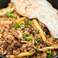 Bulgogi Beef Fried Rice (Bfr) · Fried rice mixed with Bulgogi Beef, onions, egg, and topped with fried garlic and scallions