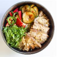 Braised Pork Belly Bowl · Braised Pork belly with a bowl of rice and mixed with cucumber kimchi, pickled jalapeno radi...