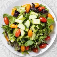 Great Garden Salad · Fresh lettuce, baby Greens, tomatoes, onions, cucumber, mushrooms, avocado, crispy tortilla ...