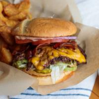 Peanut Butter Burger · Creamy peanut butter, crisp bacon, cheese, iceberg lettuce, some red onion, tomato. pickle, ...