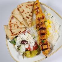 Chicken Souvlaki · Basmati rice, pita bread, tzatziki, Greek dressing.