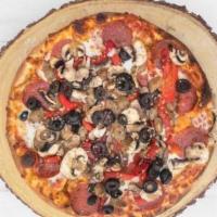 La Pizza Combo · Marinara, mozzarella, pepperoni, Italian sausage, black olives, roasted pepper, and mushrooms.