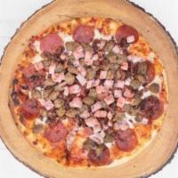Cazanova Pizza · Marinara, mozzarella cheese, pepperoni, Italian sausage, ham, and bacon.