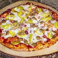Cornicione Pizza · Marinara, mozzarella, prosciutto, Italian sausage white onion and pepperoncini.