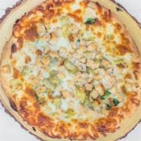 Alfredo Pizza · Alfredo sauce, mozzarella, chicken, artichoke, spinach, white onion.