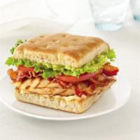 Chicken Bacon Avocado Sandwich · Served on focaccia bread with grilled chicken breast, bacon, avocado, tomato, lettuce, and a...