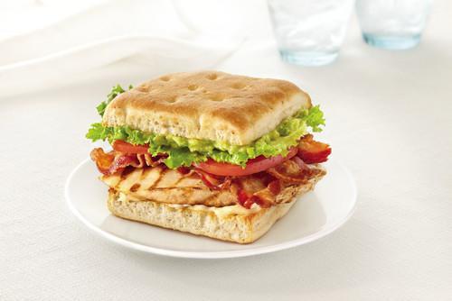 Chicken Bacon Avocado Sandwich · Served on focaccia bread with grilled chicken breast, bacon, avocado, tomato, lettuce, and aioli.