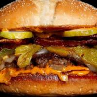 Jose Mendoza · Bacon, Roasted Green Chiles, Monterey Jack, House Sauce, Grilled Onion & Pickle. Fries inclu...