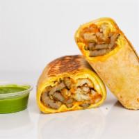 Sausage, Egg & Cheddar Breakfast Burrito · 3 fresh cracked, cage-free scrambled eggs, melted Cheddar cheese, seared pork sausage pattie...