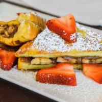 Nutella Stuffed French Toast · sliced bananas & nutella, sandwiched between two french toast slices, and topped with fresh ...