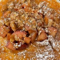 Caramel Apple · 3 Buttermilk pancakes topped with cinnamon butter roasted apples, granola, and homemade cara...